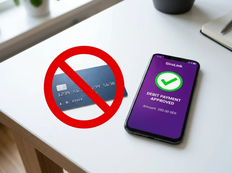 Kreditkort med ett rött kryss bredvid en smartphone som visar Skrill-betalning