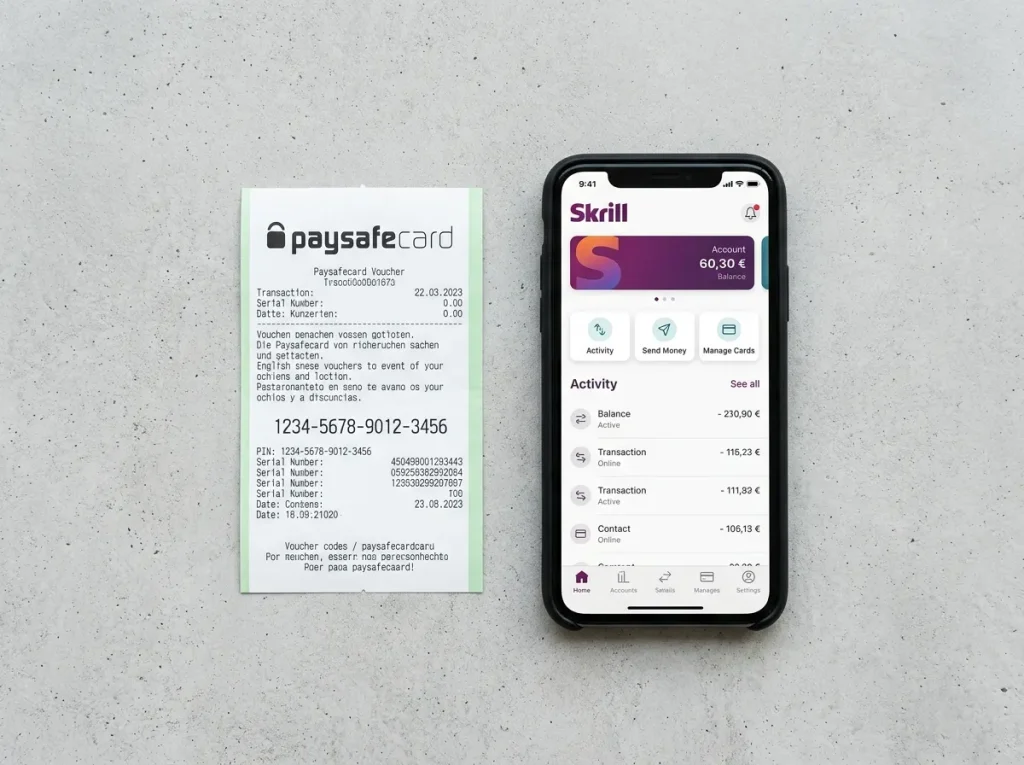 Paysafecard-kupong bredvid Skrill-appen öppnad på en telefon