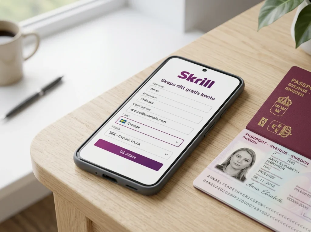 Skrill-registreringsformuläret på en mobilskärm med svensk flagga