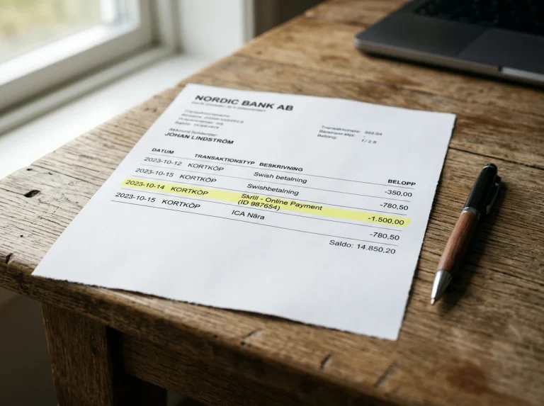 Bankutdrag där spelbolagets namn dolts bakom Skrill-logotypen