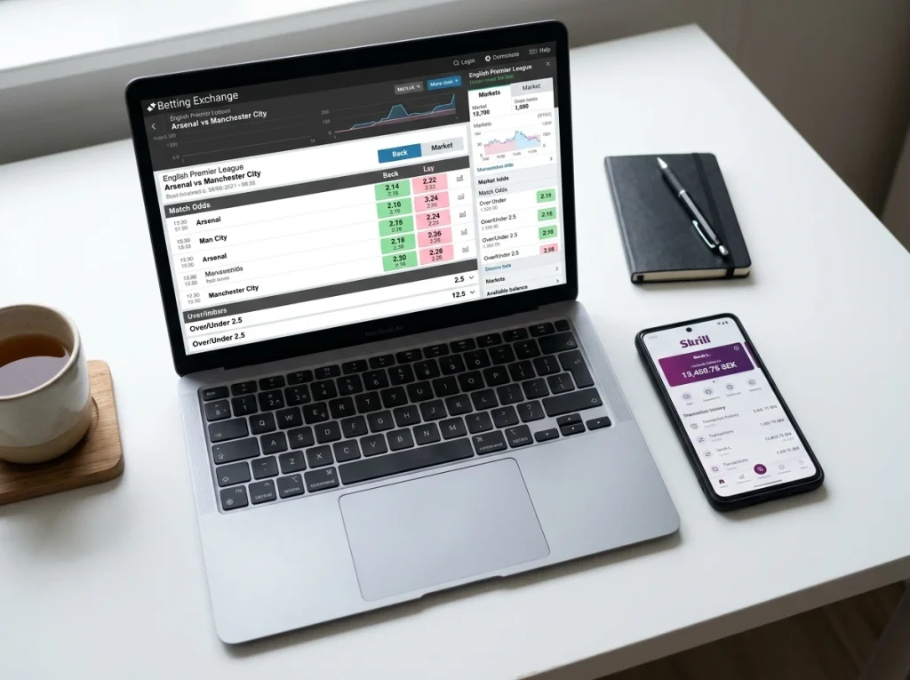Bettingbörs-gränssnitt med Skrill som vald betalningsmetod