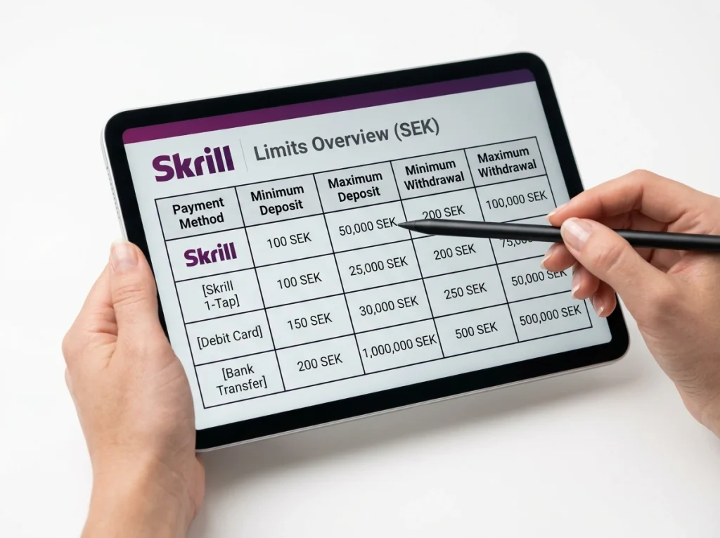 Tabell med Skrill insättnings- och uttagsgränser i SEK