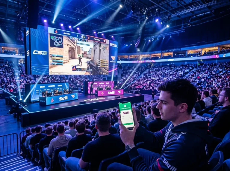 Esport-arena med CS2-turnering och Skrill-betalning synlig på en mobil