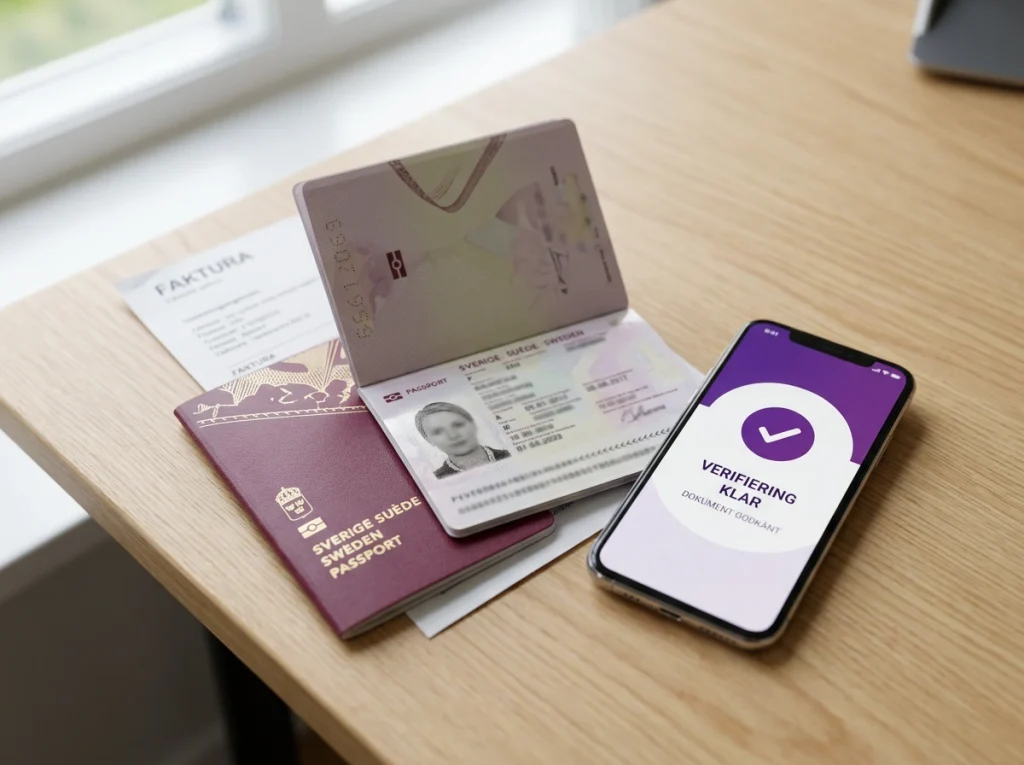 Pass och adressbevis bredvid en smartphone med Skrill-appen