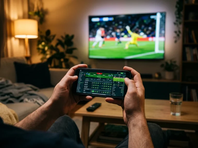 Mobiltelefon som visar live-odds under en pågående fotbollsmatch