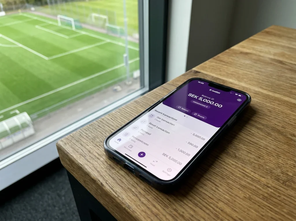Smartphone med Skrill-appen öppen bredvid en grön fotbollsplan