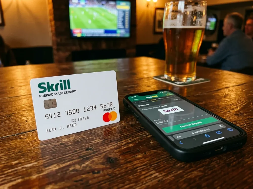 Skrill prepaid Mastercard bredvid en mobiltelefon med ett spelbolag öppet