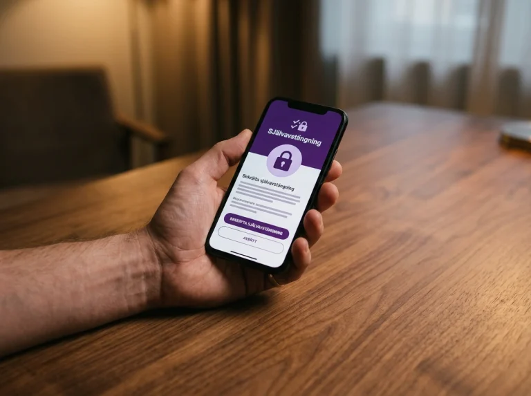 Hand som håller en telefon med Spelpaus-sidan öppen på skärmen