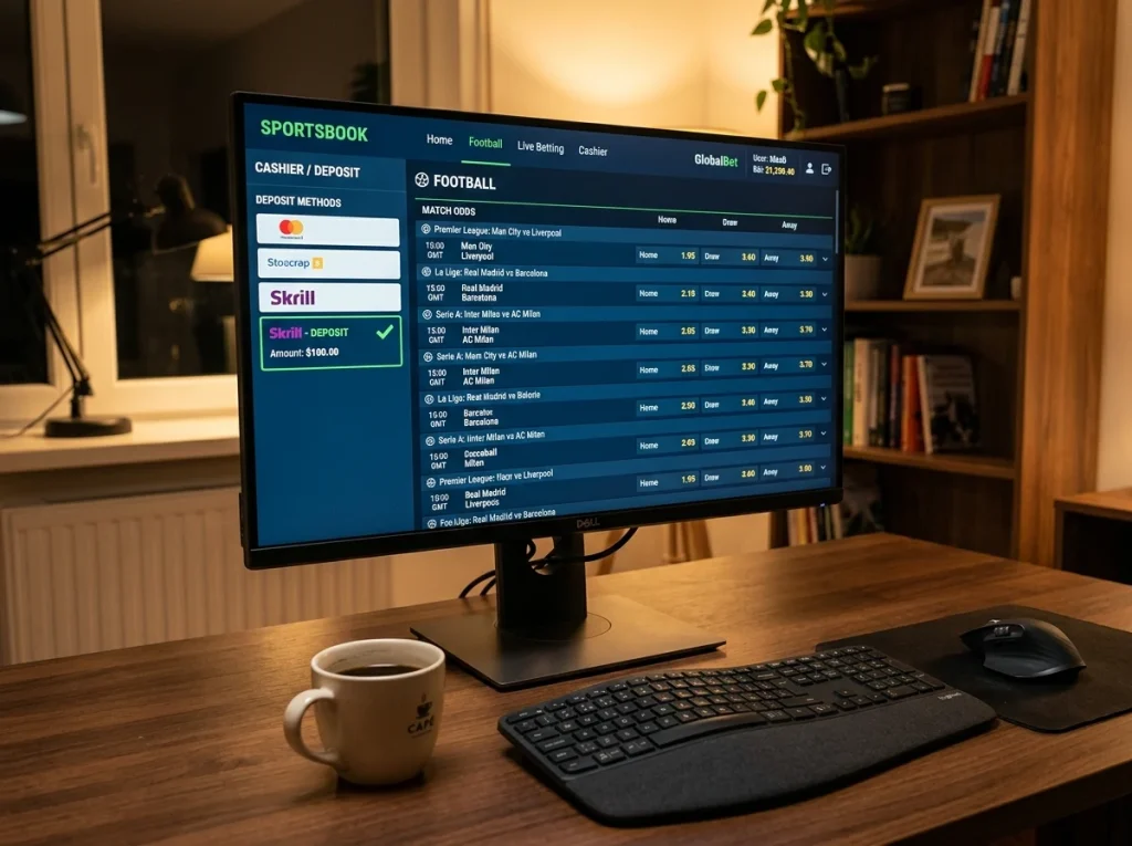 Sportsbook-gränssnitt med fotbollsodds och Skrill som betalningsmetod