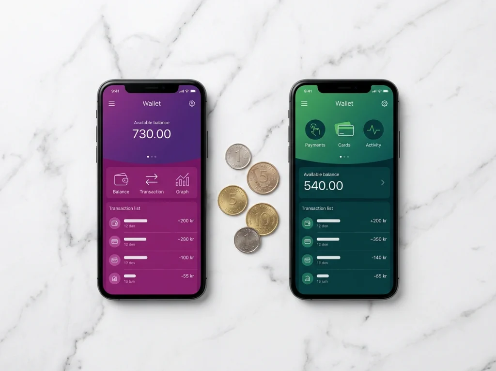 Två smartphones sida vid sida som visar Skrill- och Neteller-appar