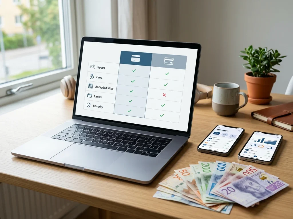 Två e-plånböcker jämförda på en laptopskärm med svenska kronor bredvid