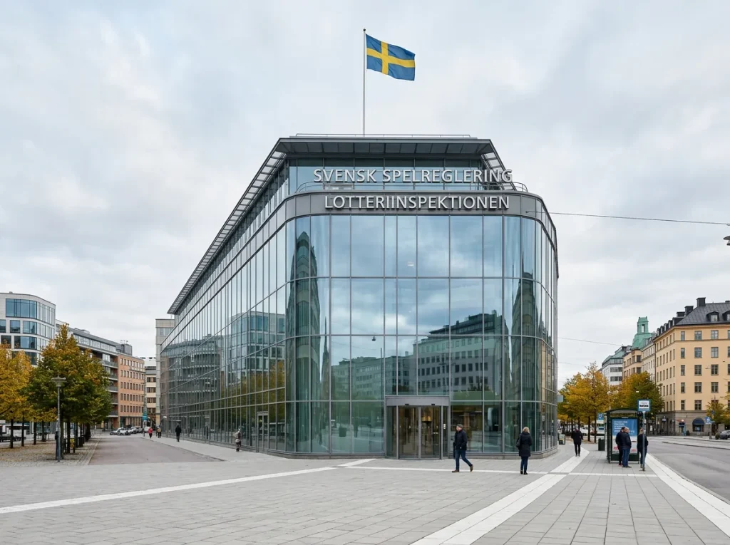 Spelinspektionens byggnad med digitala betalningssymboler